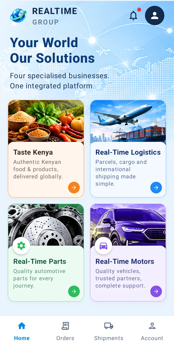 The Real-Time Group app home screen showing all four businesses